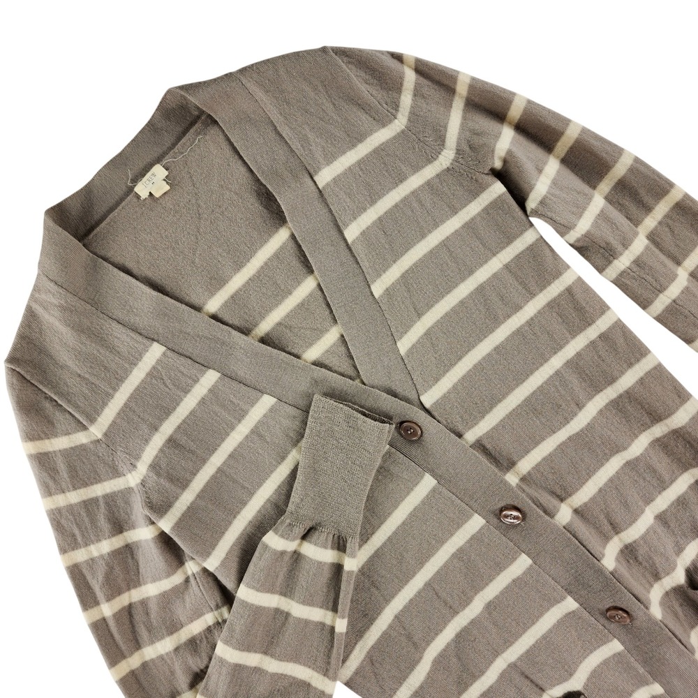 J.Crew Cardigan Women XS Taupe Striped 100% Merino Wool Button V-Neck Sweater